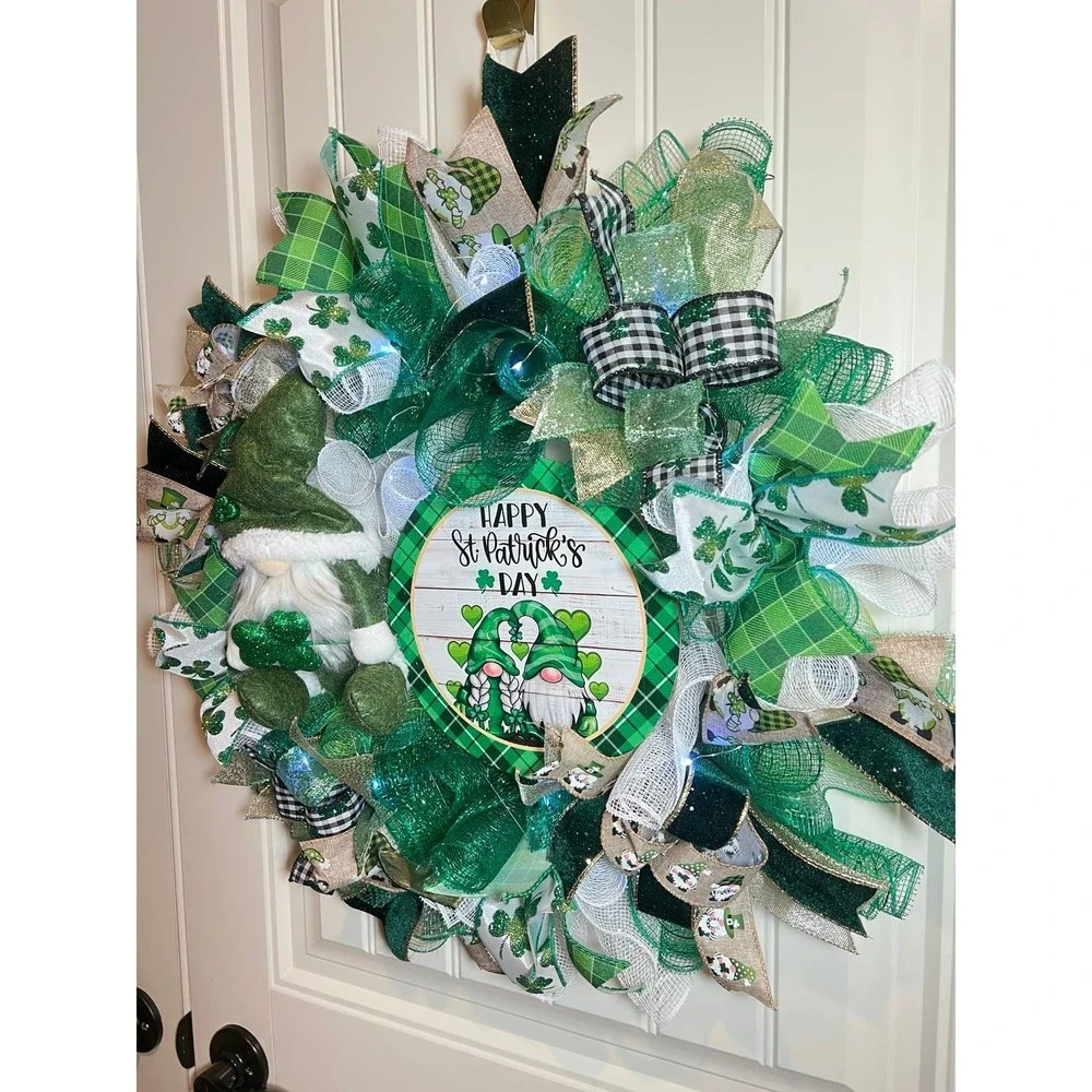 Handmade Happy St. Patrick’s Day Gnome Ribbon Prelit Wreath 22 ins LED W12
